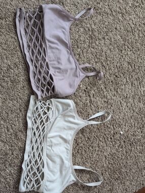 PINK Victoria's Secret Mauve & White Fishnet Crochet-Band Bralette Duo